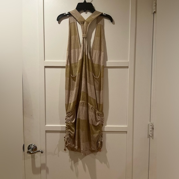 NWOT Luli Fama T-Back Mini Dress Swim Cover Coverup Gold with Stripes XS - Picture 7 of 12